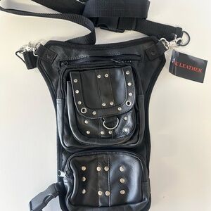 Black Leather Belt Bag with Studs
